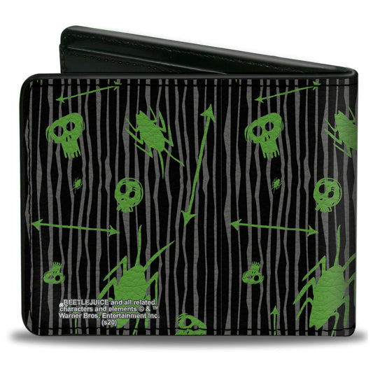 Bi-Fold Wallet - BEETLEJUICE Roach Skull Doodles Collage Black Gray Green Purple - MEGA POP COMICS 