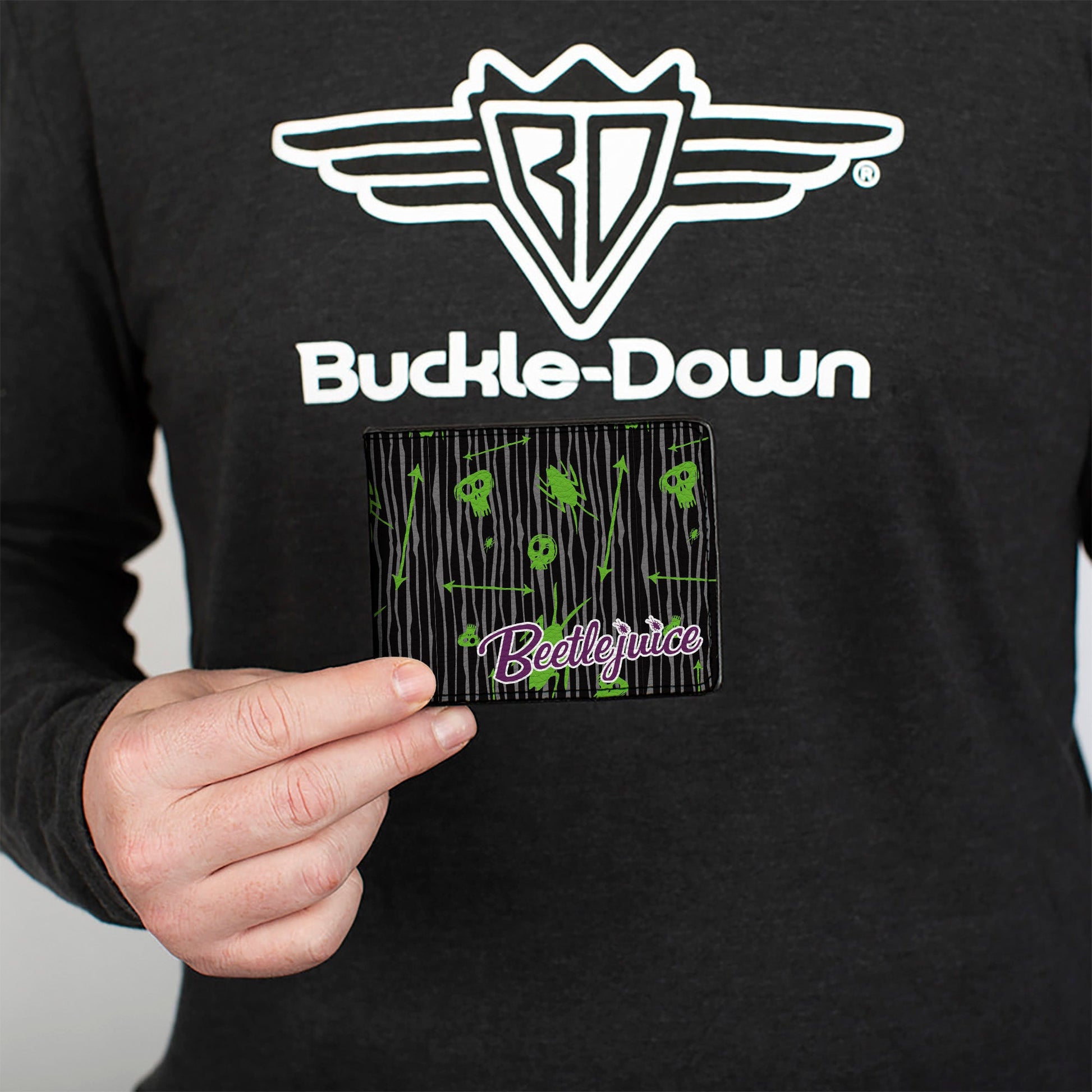 Bi-Fold Wallet - BEETLEJUICE Roach Skull Doodles Collage Black Gray Green Purple - MEGA POP COMICS 