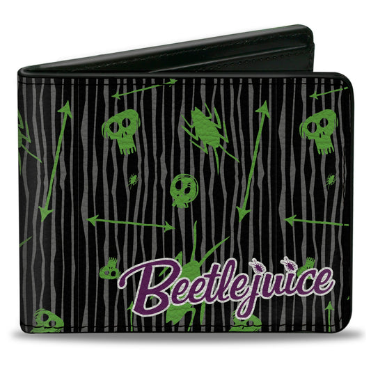 Bi-Fold Wallet - BEETLEJUICE Roach Skull Doodles Collage Black Gray Green Purple - MEGA POP COMICS 