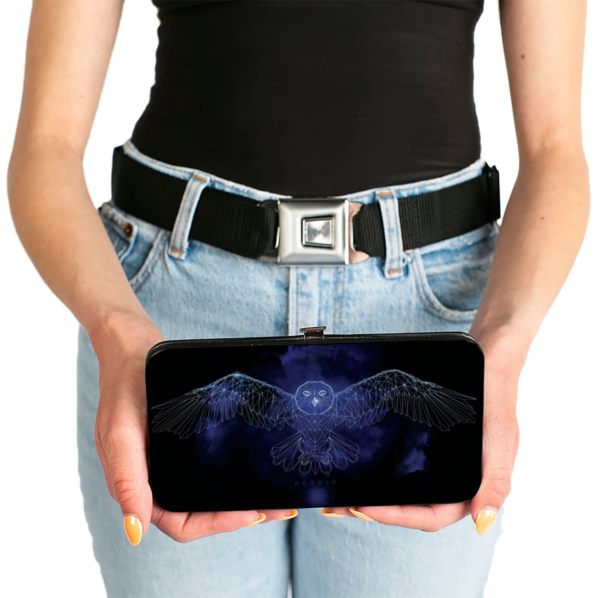 Hinged Wallet - Harry Potter HEDWIG Wings Pose + HARRY POTTER Black Purples White - MEGA POP COMICS 