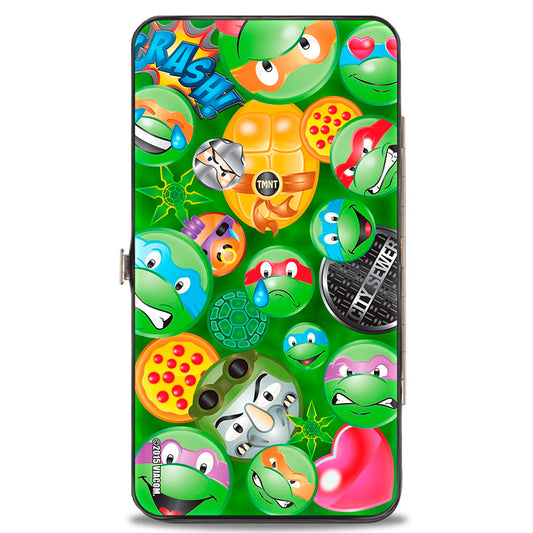 Hinged Wallet - Classic TMNT Turtle & Villain Expressions Pizza Turtle Shell Buttons Stacked Greens - MEGA POP COMICS 