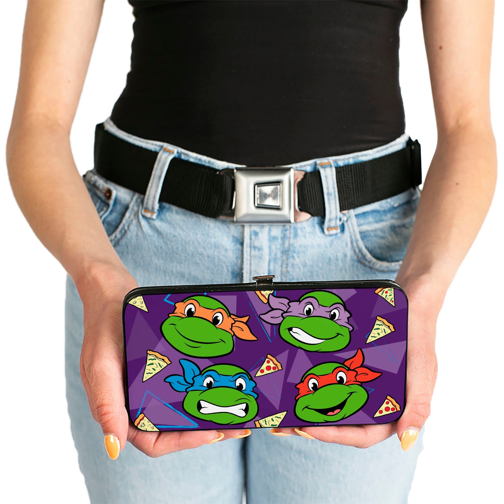 Hinged Wallet - Classic Teenage Mutant Ninja Turtles Faces + I "PIZZA-HEART" TMNT Purple Triangles Pizza - MEGA POP COMICS 