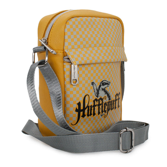 Women's Crossbody Wallet - Harry Potter HUFFLEPUFF Badger Icon Checker Yellow Gray - MEGA POP COMICS 