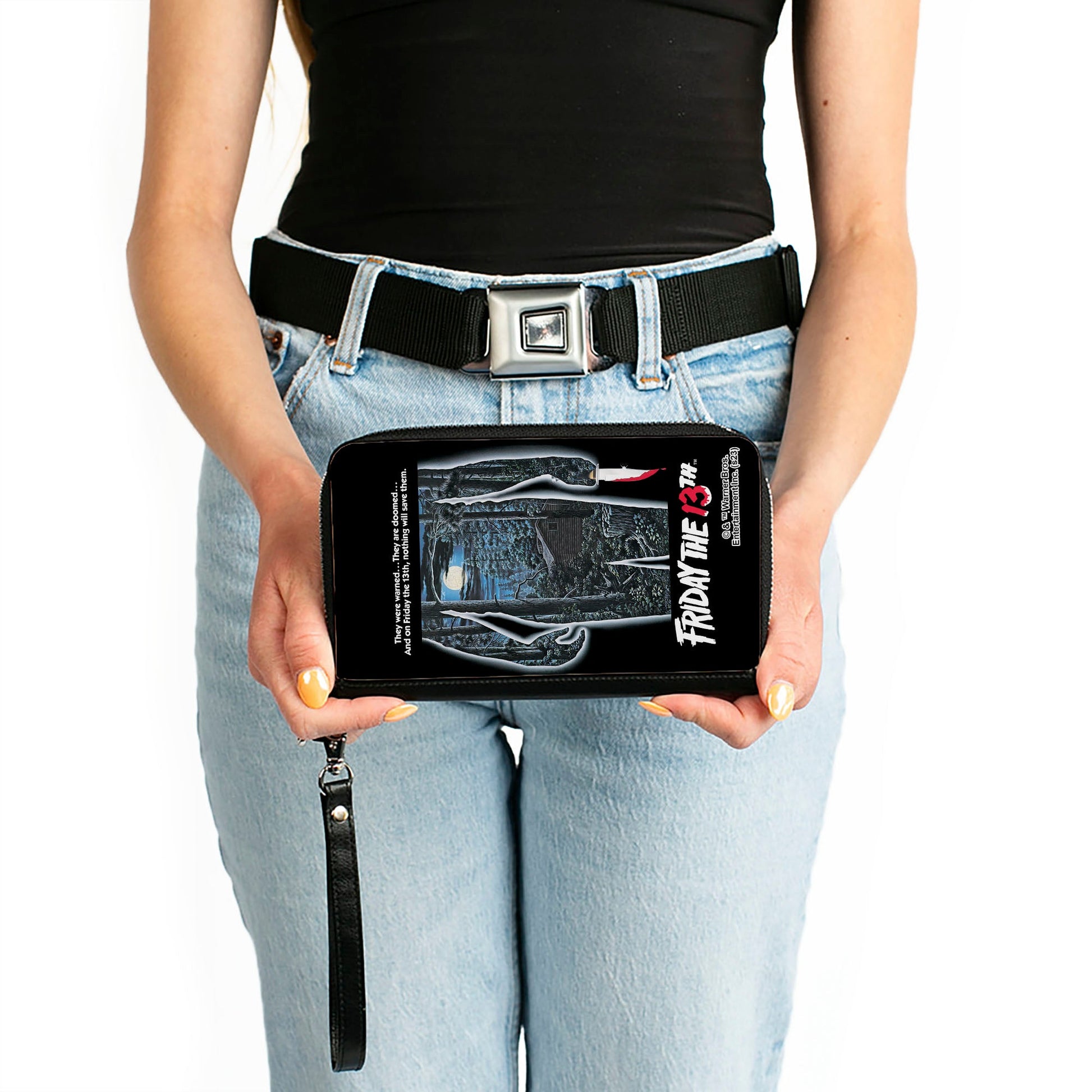 PU Zip Around Wallet Rectangle - FRIDAY THE 13TH Jason Crystal Lake Cabin Silhouette Movie Pose - MEGA POP COMICS 