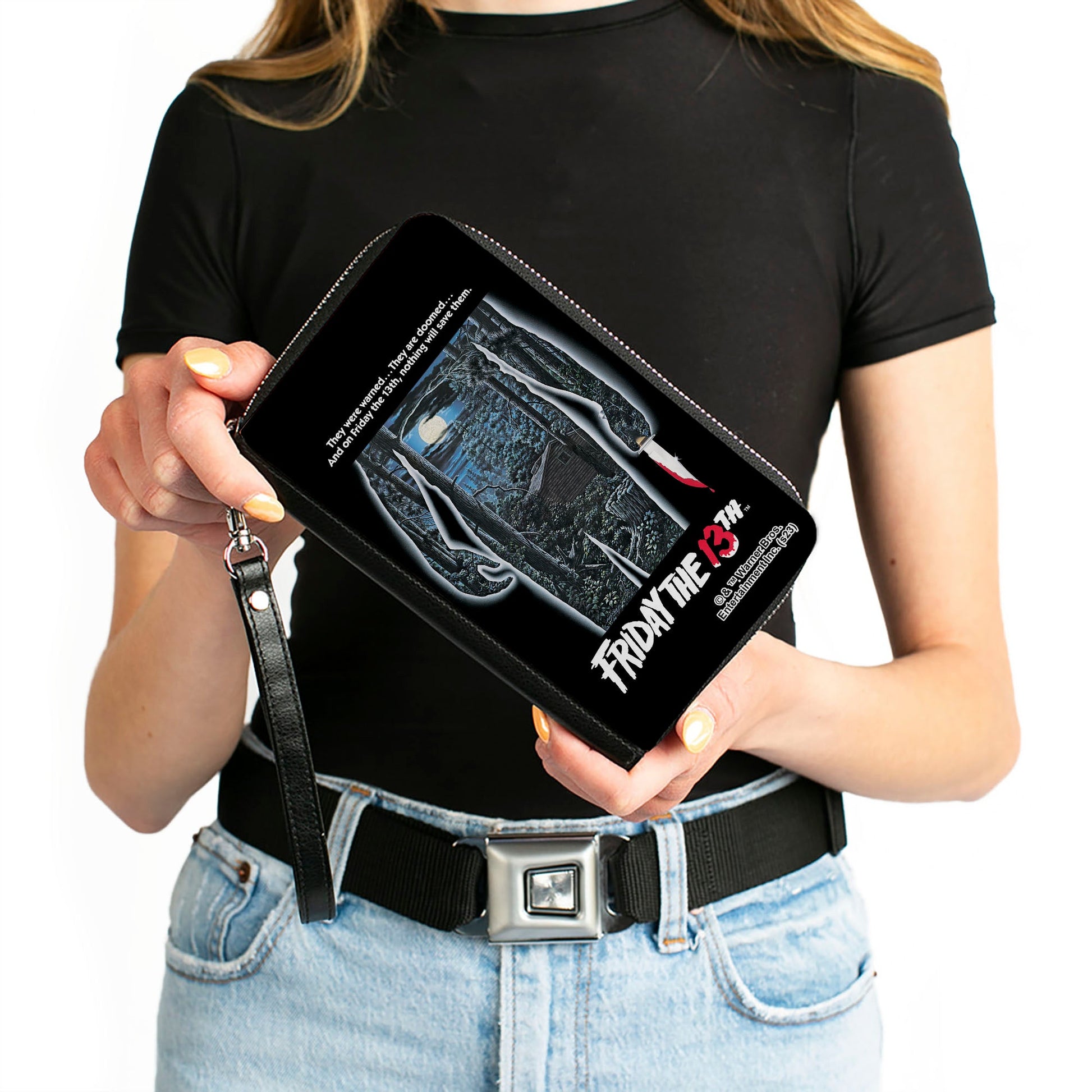 PU Zip Around Wallet Rectangle - FRIDAY THE 13TH Jason Crystal Lake Cabin Silhouette Movie Pose - MEGA POP COMICS 