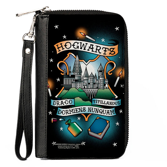 Women's PU Zip Around Wallet Rectangle - Harry Potter HOGWARTS Motto Tattoo Black - MEGA POP COMICS 