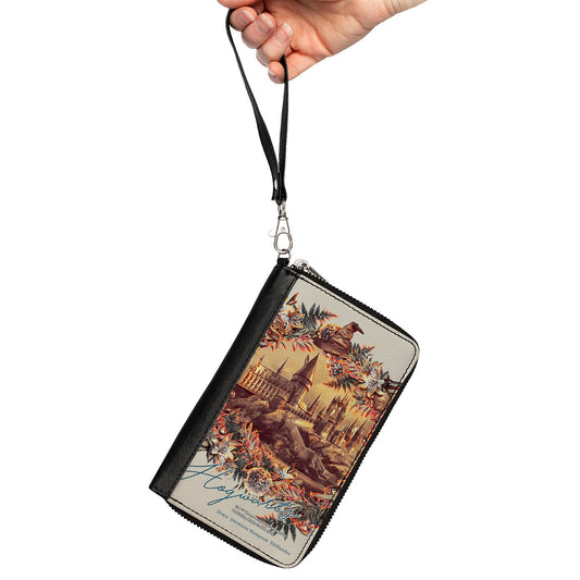 Women's PU Zip Around Wallet Rectangle - Harry Potter Hogwarts Castle Floral Collage Gray - MEGA POP COMICS 
