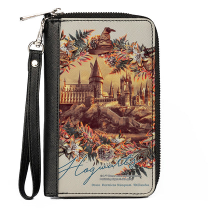 Women's PU Zip Around Wallet Rectangle - Harry Potter Hogwarts Castle Floral Collage Gray - MEGA POP COMICS 