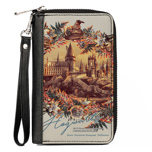Women's PU Zip Around Wallet Rectangle - Harry Potter Hogwarts Castle Floral Collage Gray - MEGA POP COMICS 