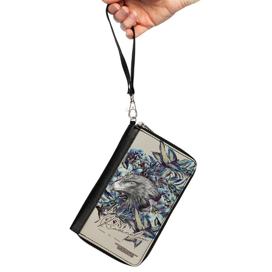 Women's PU Zip Around Wallet Rectangle - Harry Potter RAVENCLAW Floral Eagle Sketch Grays Blues - MEGA POP COMICS 