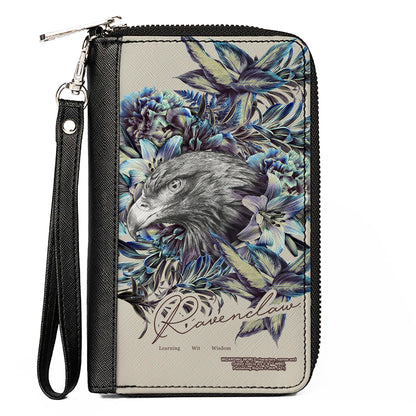 Women's PU Zip Around Wallet Rectangle - Harry Potter RAVENCLAW Floral Eagle Sketch Grays Blues - MEGA POP COMICS 