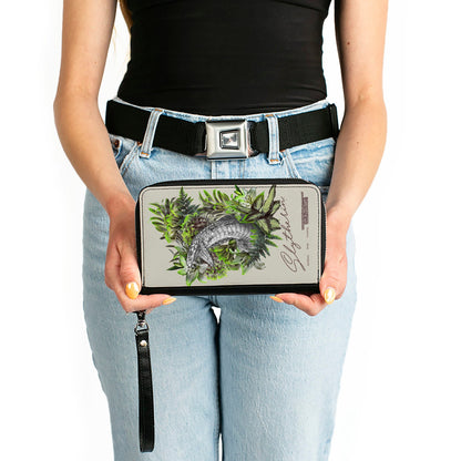 Women's PU Zip Around Wallet Rectangle - Harry Potter SLYTHERIN Floral Serpent Sketch Grays Greens - MEGA POP COMICS 