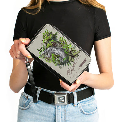 Women's PU Zip Around Wallet Rectangle - Harry Potter SLYTHERIN Floral Serpent Sketch Grays Greens - MEGA POP COMICS 