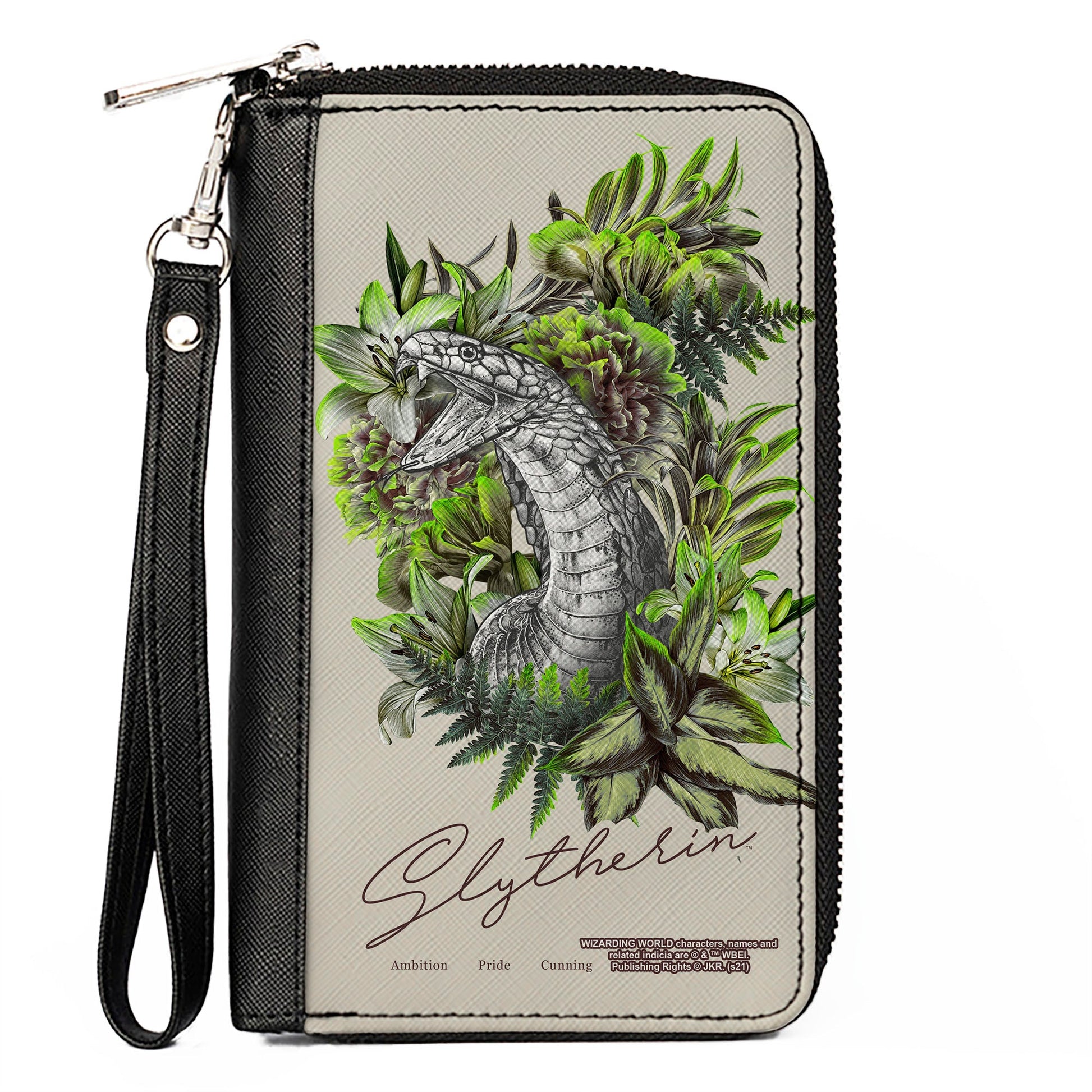 Women's PU Zip Around Wallet Rectangle - Harry Potter SLYTHERIN Floral Serpent Sketch Grays Greens - MEGA POP COMICS 