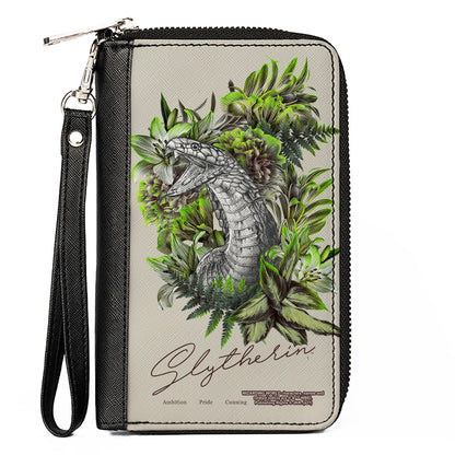 Women's PU Zip Around Wallet Rectangle - Harry Potter SLYTHERIN Floral Serpent Sketch Grays Greens - MEGA POP COMICS 