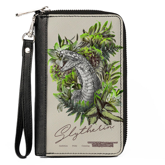 Women's PU Zip Around Wallet Rectangle - Harry Potter SLYTHERIN Floral Serpent Sketch Grays Greens - MEGA POP COMICS 