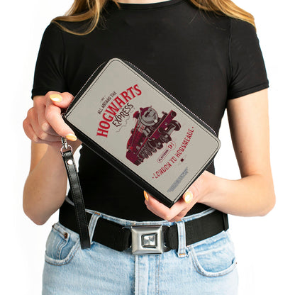 Women's PU Zip Around Wallet Rectangle - Harry Potter ALL ABOARD THE HOGWARTS EXPRESS Train Beige Reds - MEGA POP COMICS 
