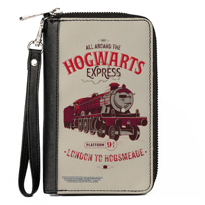Women's PU Zip Around Wallet Rectangle - Harry Potter ALL ABOARD THE HOGWARTS EXPRESS Train Beige Reds - MEGA POP COMICS 