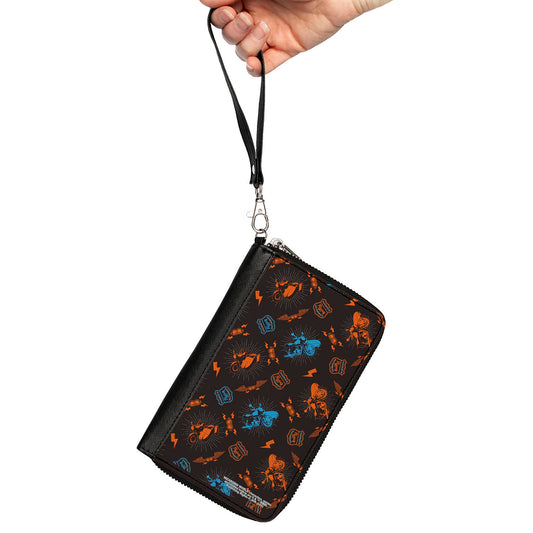Women's PU Zip Around Wallet Rectangle - Harry Potter HAGRID'S FLYING MOTORBIKE Scattered Black Gray Blue Orange - MEGA POP COMICS 