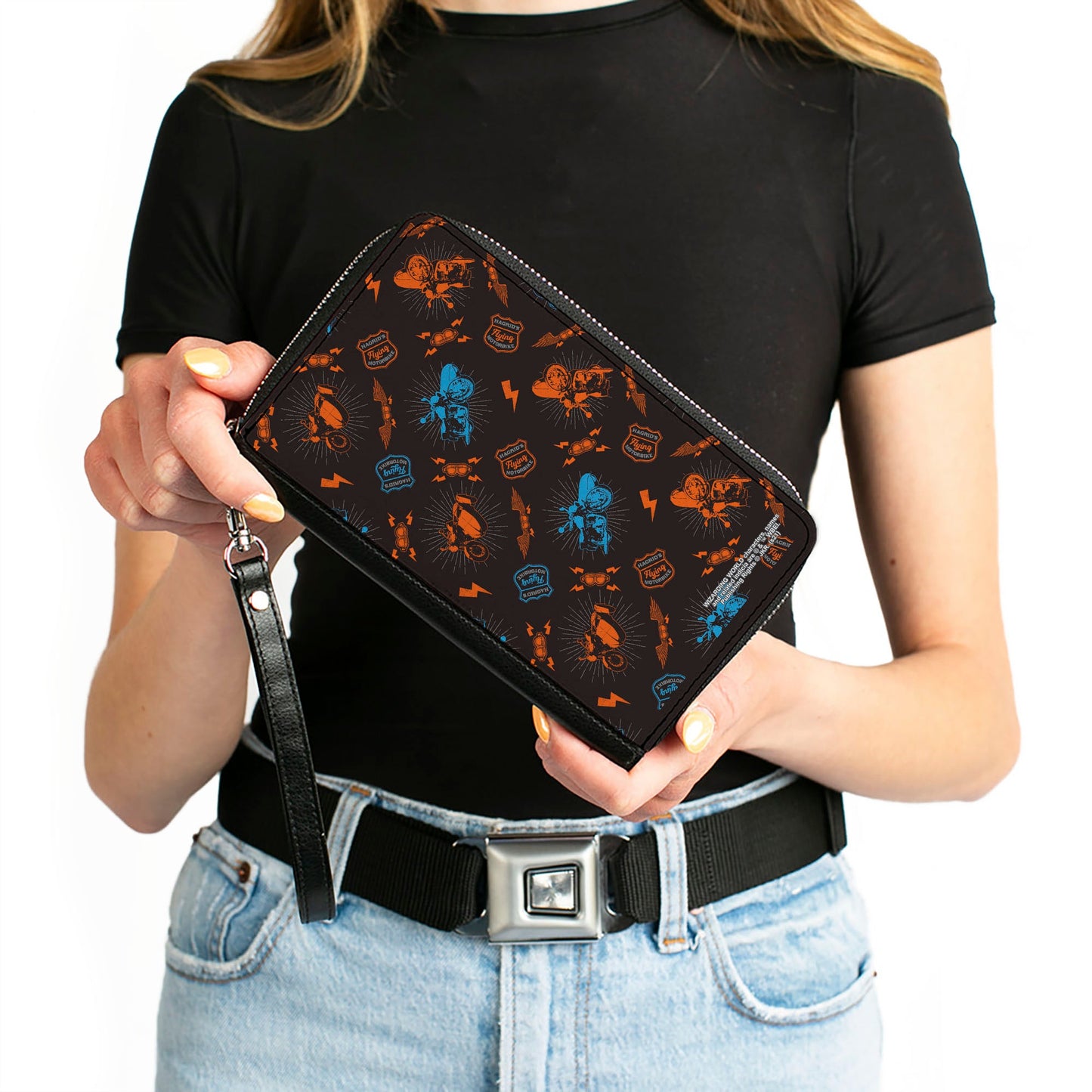 Women's PU Zip Around Wallet Rectangle - Harry Potter HAGRID'S FLYING MOTORBIKE Scattered Black Gray Blue Orange - MEGA POP COMICS 
