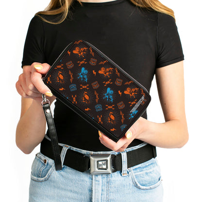 Women's PU Zip Around Wallet Rectangle - Harry Potter HAGRID'S FLYING MOTORBIKE Scattered Black Gray Blue Orange - MEGA POP COMICS 
