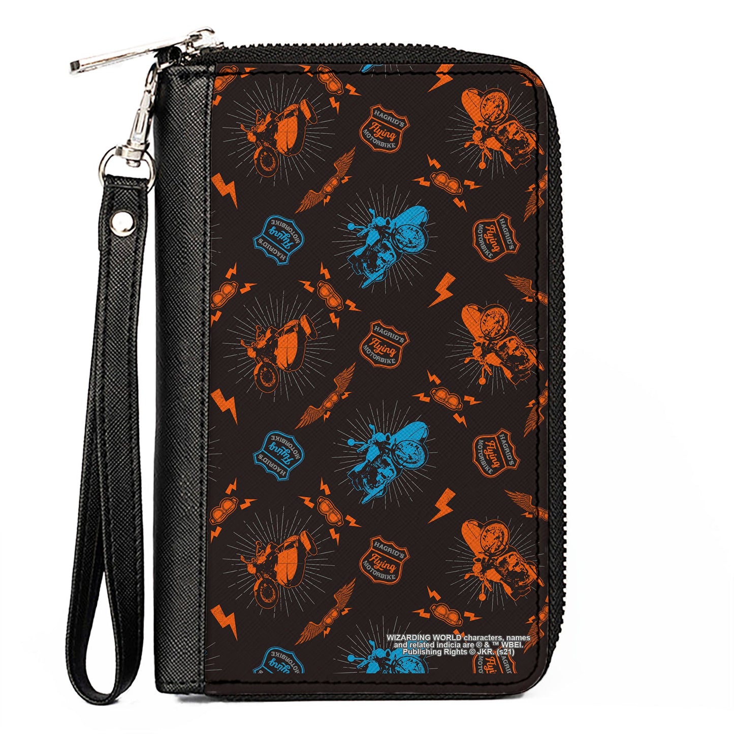 Women's PU Zip Around Wallet Rectangle - Harry Potter HAGRID'S FLYING MOTORBIKE Scattered Black Gray Blue Orange - MEGA POP COMICS 