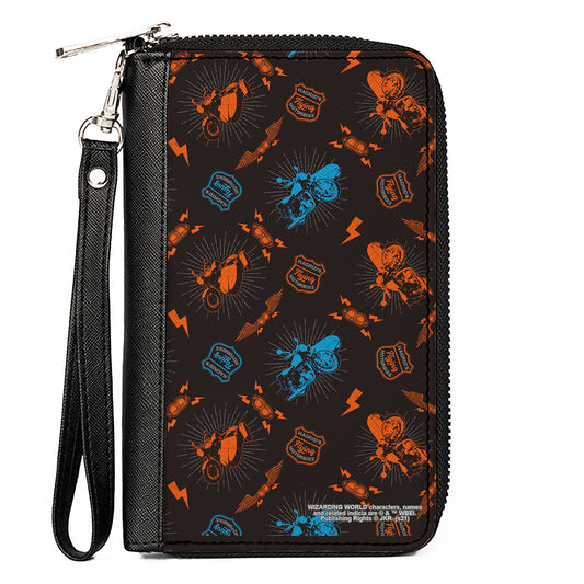 Women's PU Zip Around Wallet Rectangle - Harry Potter HAGRID'S FLYING MOTORBIKE Scattered Black Gray Blue Orange - MEGA POP COMICS 