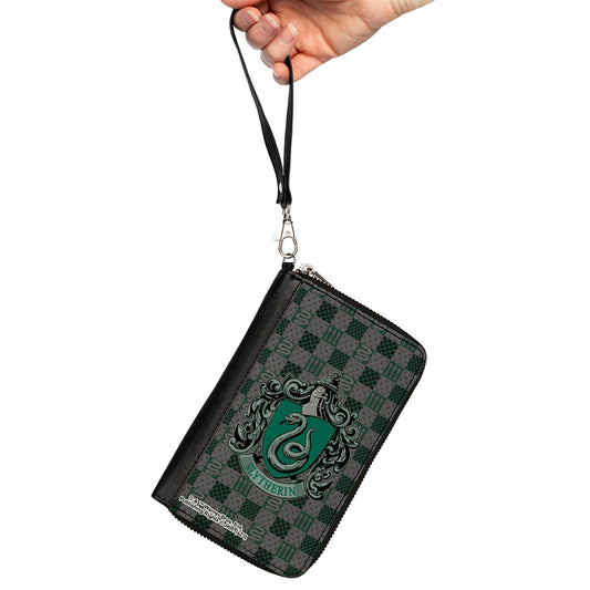 PU Zip Around Wallet Rectangle - Harry Potter SLYTHERIN Crest/Heraldry Checkers Gray/Greens - MEGA POP COMICS 