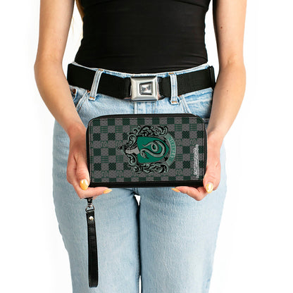 PU Zip Around Wallet Rectangle - Harry Potter SLYTHERIN Crest/Heraldry Checkers Gray/Greens - MEGA POP COMICS 