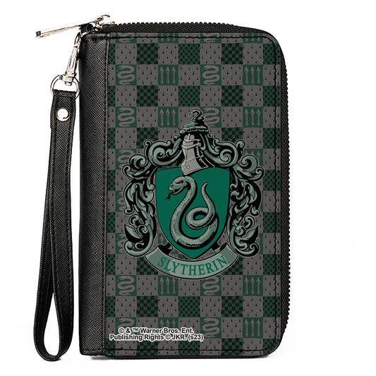 PU Zip Around Wallet Rectangle - Harry Potter SLYTHERIN Crest/Heraldry Checkers Gray/Greens - MEGA POP COMICS 