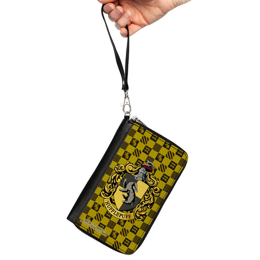 PU Zip Around Wallet Rectangle - Harry Potter HUFFLEPUFF Crest Heraldry Checkers Golds/Black - MEGA POP COMICS 