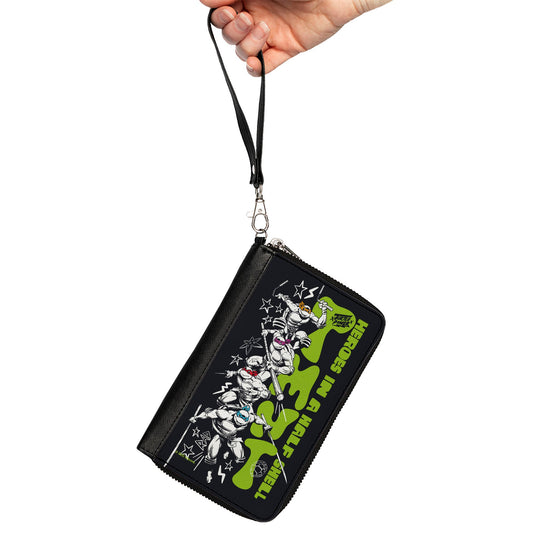 PU Zip Around Wallet Rectangle - Teenage Mutant Ninja Turtles TMNT TURTLES IN A HALF SHELL Action Poses Black/White/Green - MEGA POP COMICS 
