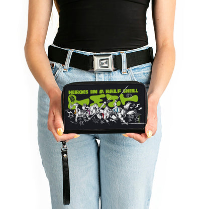 PU Zip Around Wallet Rectangle - Teenage Mutant Ninja Turtles TMNT TURTLES IN A HALF SHELL Action Poses Black/White/Green - MEGA POP COMICS 