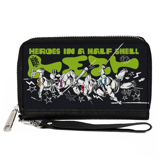 PU Zip Around Wallet Rectangle - Teenage Mutant Ninja Turtles TMNT TURTLES IN A HALF SHELL Action Poses Black/White/Green - MEGA POP COMICS 