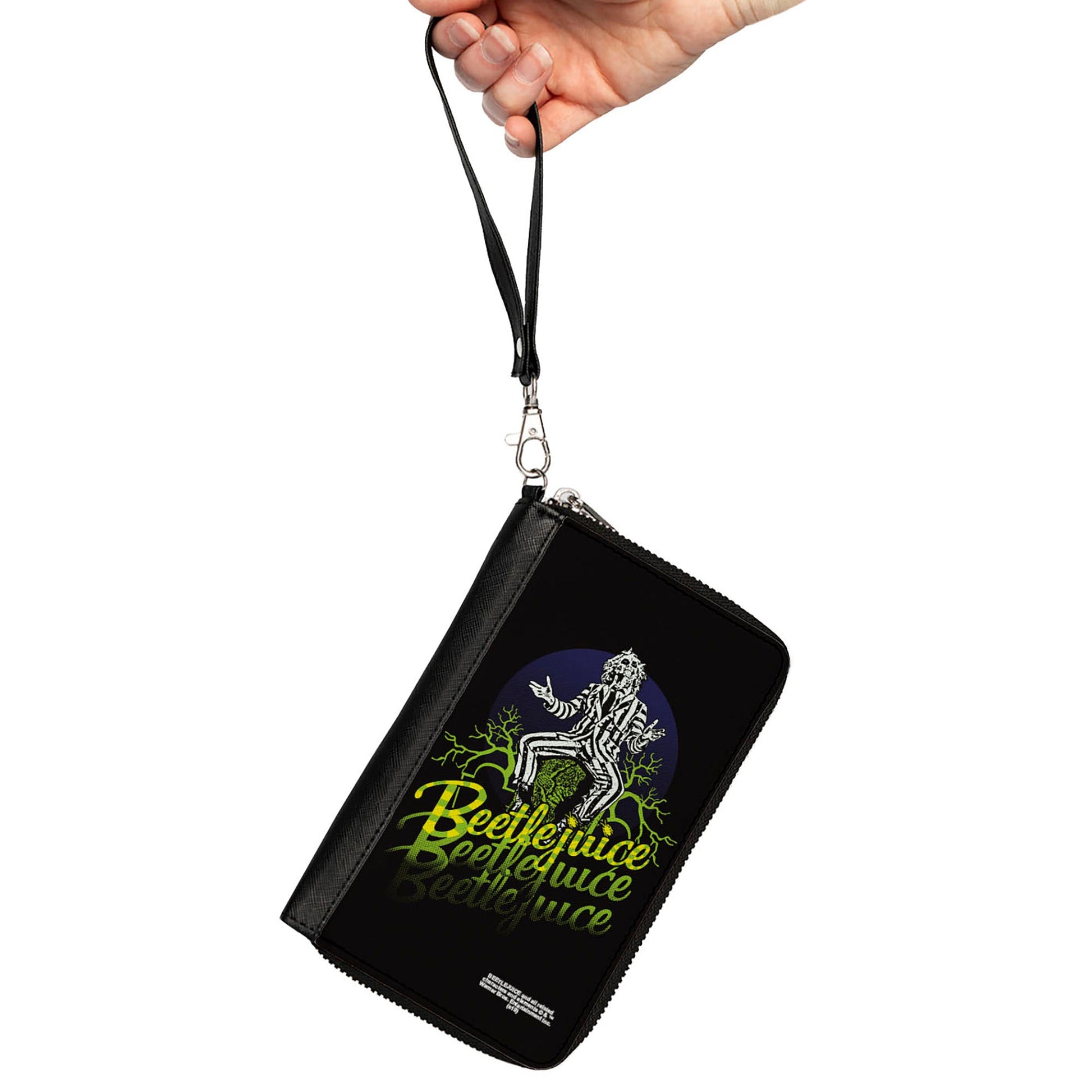 Women's PU Zip Around Wallet Rectangle - BEETLEJUICE Sitting on Tombstone Pose Trees Black Purple Green Yellow - MEGA POP COMICS 
