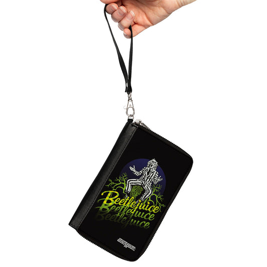Women's PU Zip Around Wallet Rectangle - BEETLEJUICE Sitting on Tombstone Pose Trees Black Purple Green Yellow - MEGA POP COMICS 