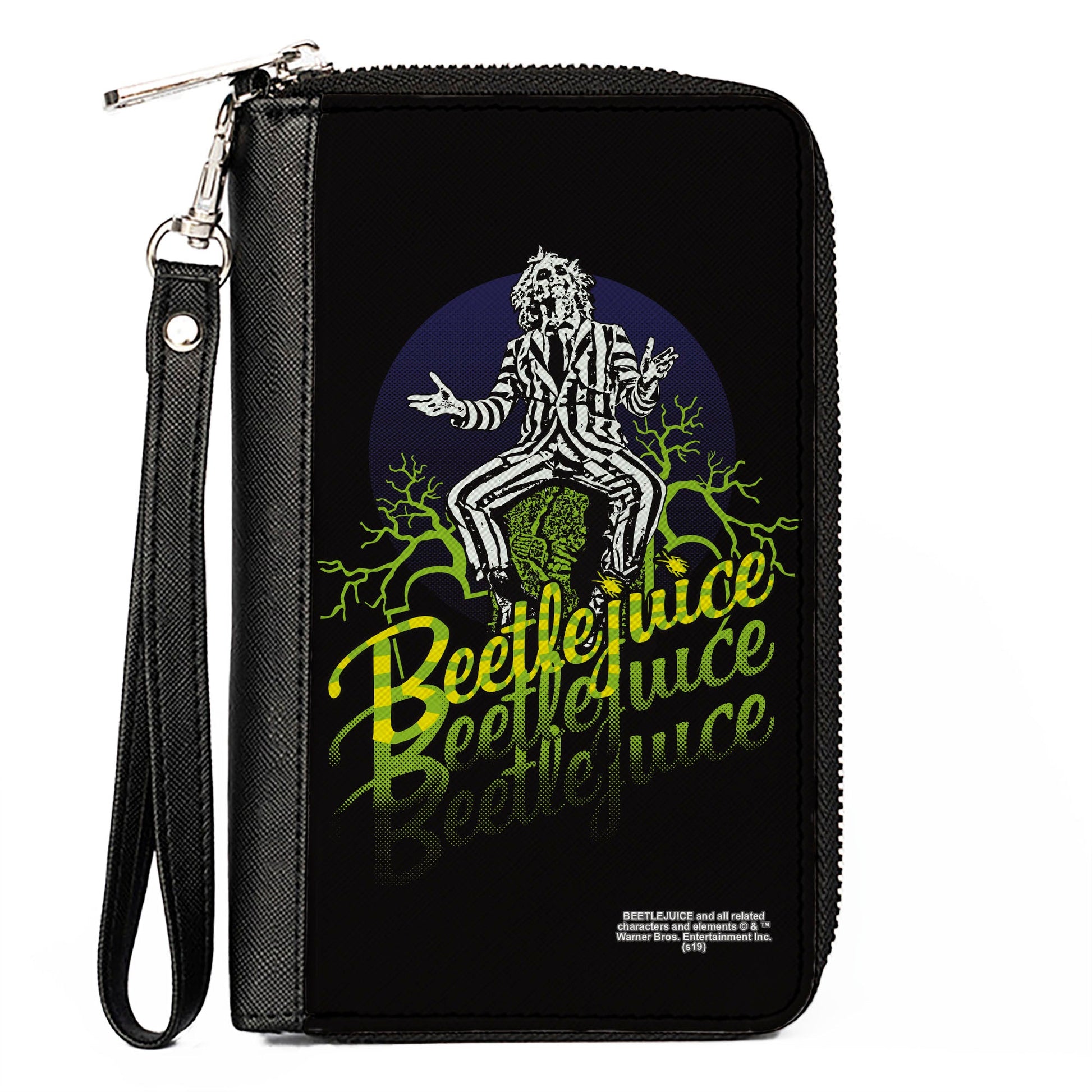 Women's PU Zip Around Wallet Rectangle - BEETLEJUICE Sitting on Tombstone Pose Trees Black Purple Green Yellow - MEGA POP COMICS 