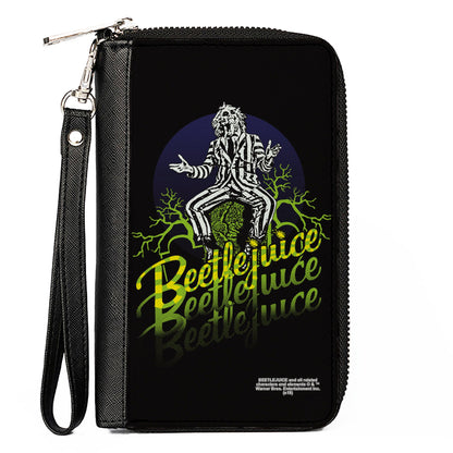 Women's PU Zip Around Wallet Rectangle - BEETLEJUICE Sitting on Tombstone Pose Trees Black Purple Green Yellow - MEGA POP COMICS 