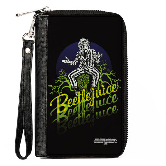 Women's PU Zip Around Wallet Rectangle - BEETLEJUICE Sitting on Tombstone Pose Trees Black Purple Green Yellow - MEGA POP COMICS 