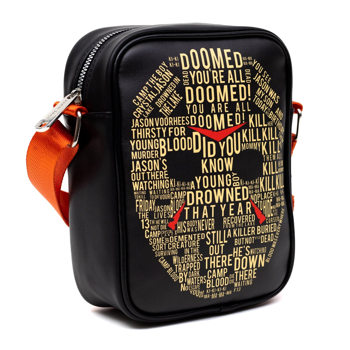 Horror Movies Vegan Leather Cross Body Backpack for Men and Women with Adjustable Strap, Friday the 13th Jason Hockey Mask Quotes Typography Black - MEGA POP COMICS 