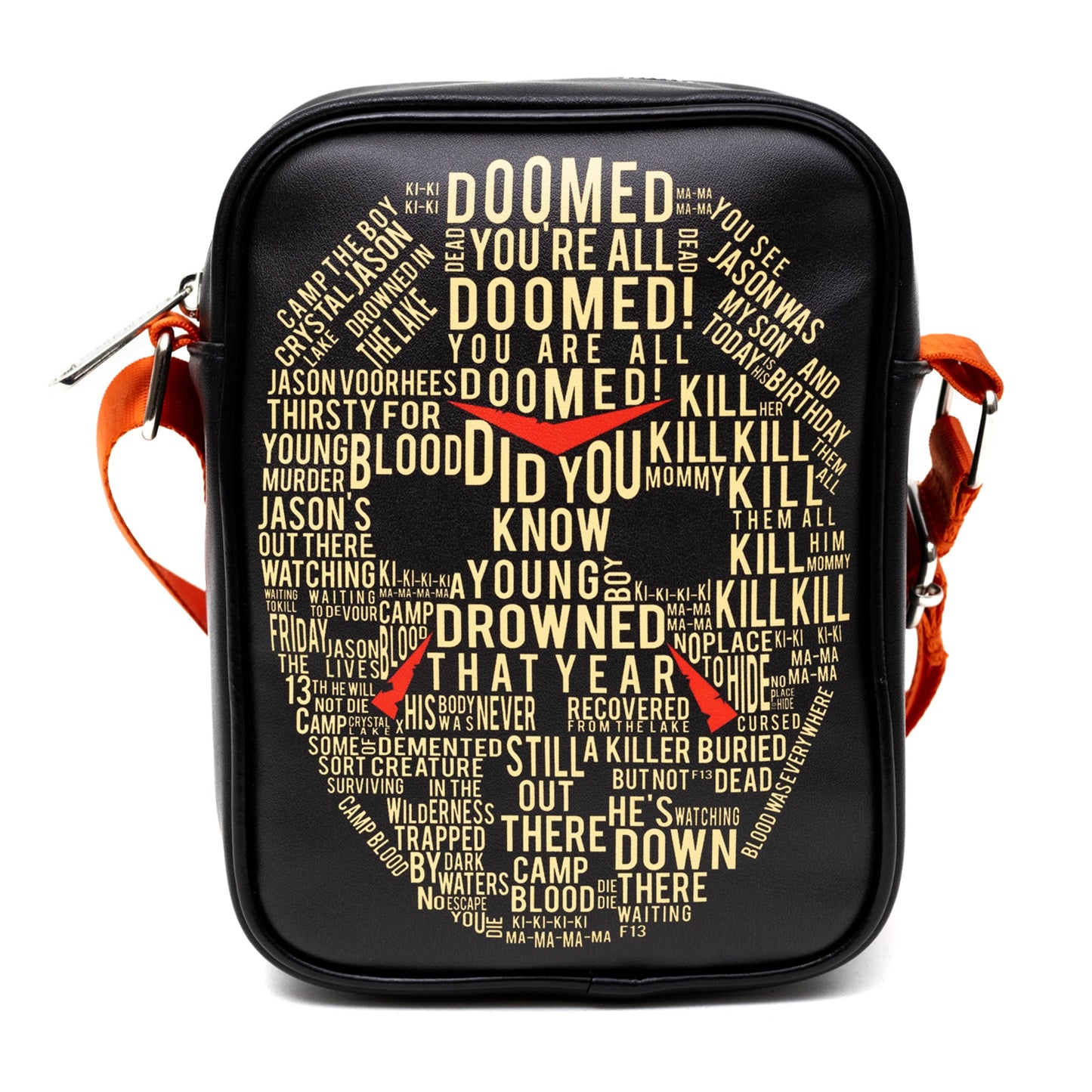 Horror Movies Vegan Leather Cross Body Backpack for Men and Women with Adjustable Strap, Friday the 13th Jason Hockey Mask Quotes Typography Black - MEGA POP COMICS 