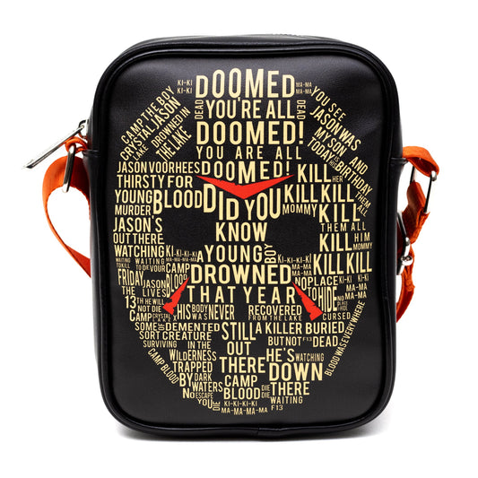 Horror Movies Vegan Leather Cross Body Backpack for Men and Women with Adjustable Strap, Friday the 13th Jason Hockey Mask Quotes Typography Black - MEGA POP COMICS 