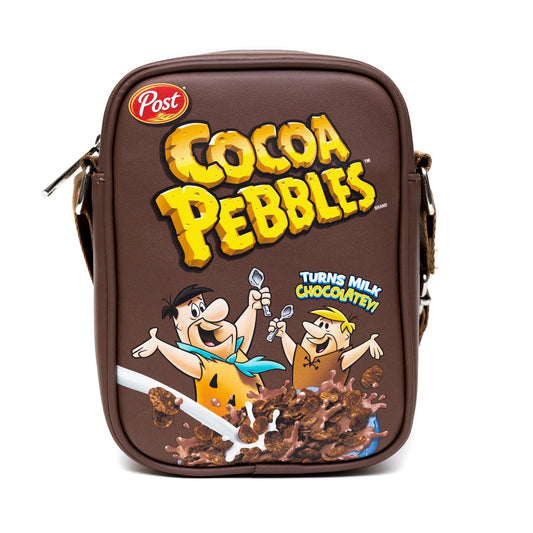 The Flintstones Bag, Cross Body, Cocoa Pebbles Fred and Barney Cereal Box Replica, Brown, Vegan Leather - MEGA POP COMICS 