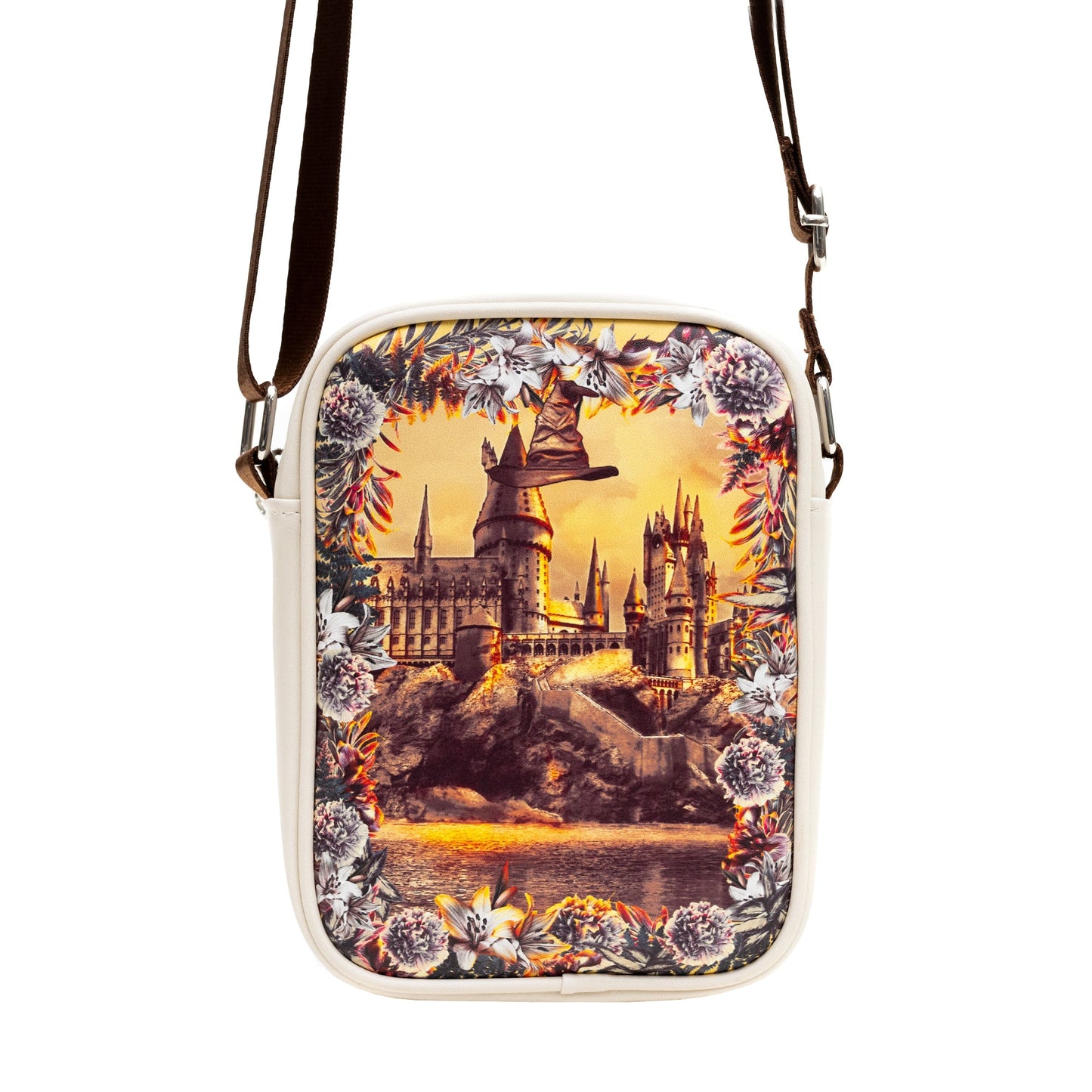 Harry Potter Vegan Leather Round Crossbody Bag with Adjustable Straps, Hogwarts Floral Fantasy Off White - MEGA POP COMICS 