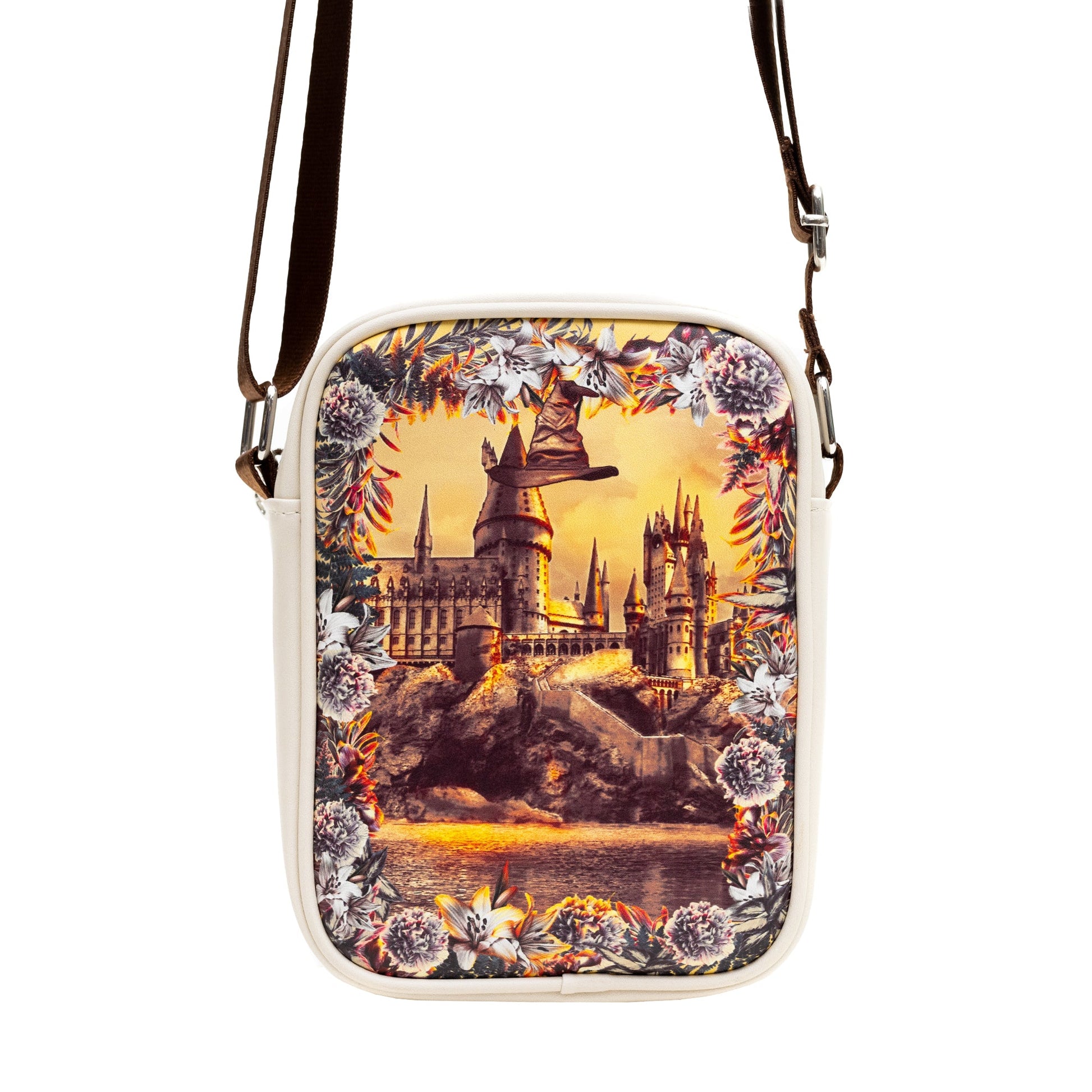 Harry Potter Vegan Leather Round Crossbody Bag with Adjustable Straps, Hogwarts Floral Fantasy Off White - MEGA POP COMICS 
