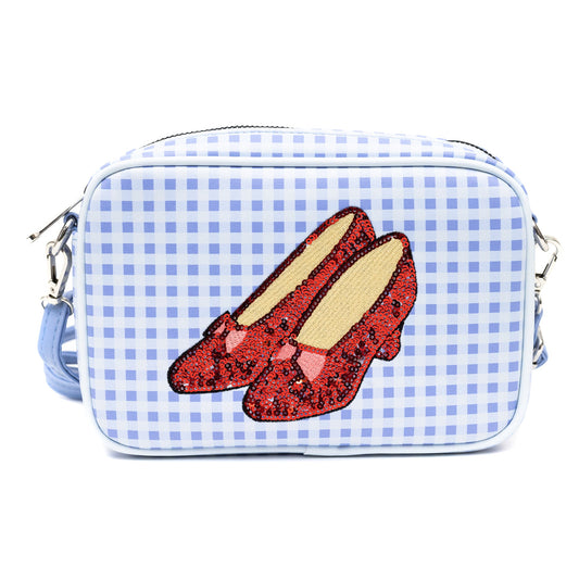 Wizard of Oz Bag, Cross Body, The Wizard of Oz Dorothy Sequined Ruby Slippers with Toto Pose, Blue, Vegan Leather - MEGA POP COMICS 