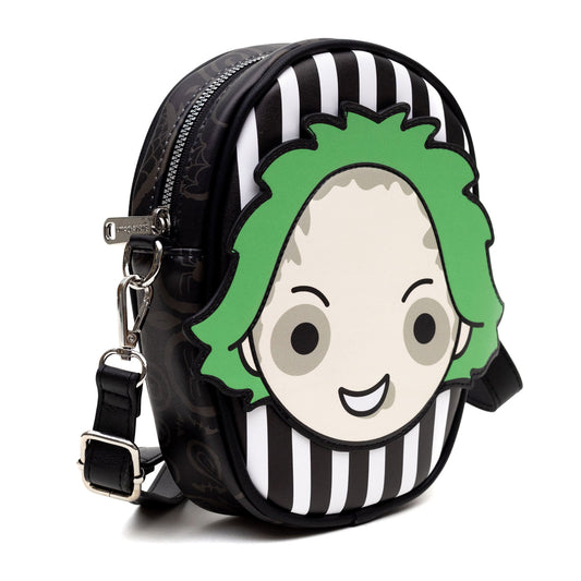 Horror Movies Vegan Leather Cross Body Bag with Adjustable Strap, Beetlejuice Smiling Chibi Face Applique, Stripe Black White, 7" x 8" - MEGA POP COMICS 