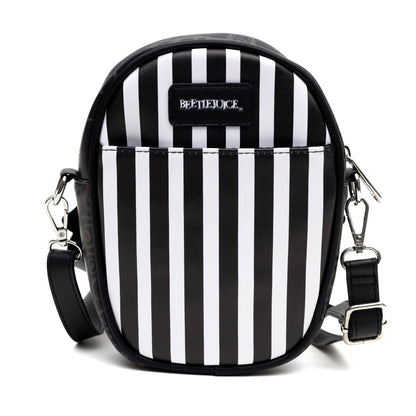 Horror Movies Vegan Leather Cross Body Bag with Adjustable Strap, Beetlejuice Smiling Chibi Face Applique, Stripe Black White, 7" x 8" - MEGA POP COMICS 