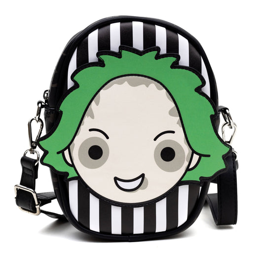 Horror Movies Vegan Leather Cross Body Bag with Adjustable Strap, Beetlejuice Smiling Chibi Face Applique, Stripe Black White, 7" x 8" - MEGA POP COMICS 