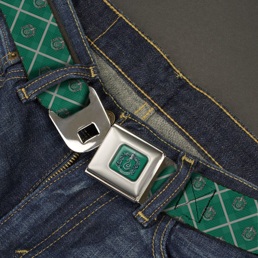 SLYTHERIN Crest Full Color Green Seatbelt Belt - Harry Potter Slytherin Crest Plaid Greens/Gray Webbing - MEGA POP COMICS 
